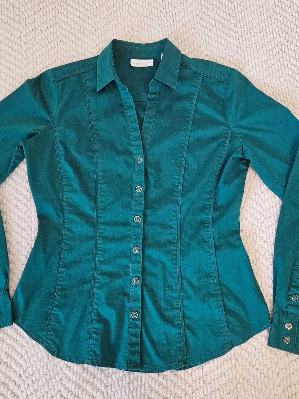 NY&Co Women's Teal Fitted V-Neck Blouse Sz XS Petite